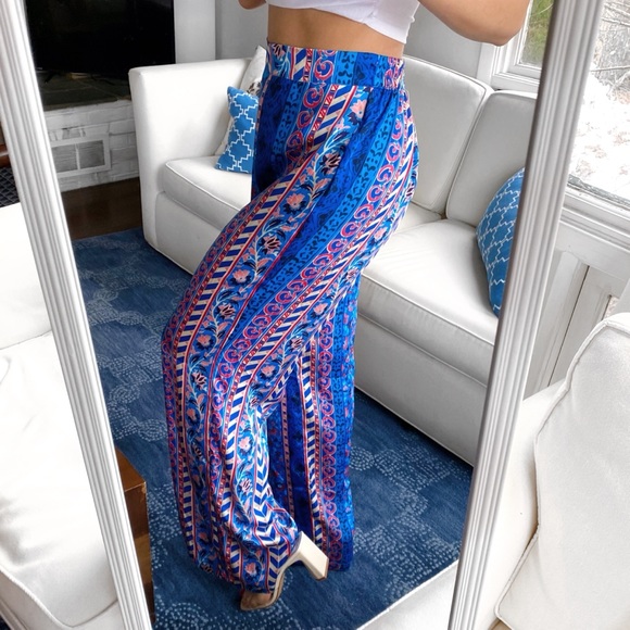 π¦ ZARA BOHO BLUE MULTI TRIBAL SATIN WIDE LEG HIGH WAIST PANTS! - Picture 2 of 16